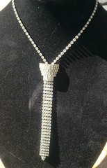 VTG Silvertoned Neck Tie Shaped Necklace Pave Rhinestones 14″ Chain 5.5″Drop
