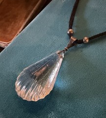 Art Deco STERLING SILVER Tear Drop Craved Rock CRYSTAL PENDANT Cord Necklace