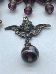 Vintage Charm Holder Safety Pin Brooch Dangling Purple Beaded Hearts Cupid Angel