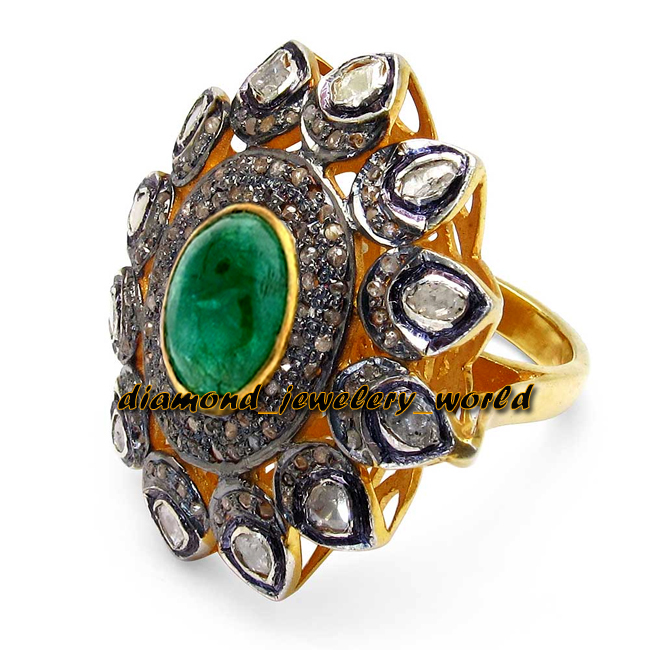 Gorgeous 2.84ctw Rose Antique Cut Diamond Emerald Silver Victorian Ring Jewelry
