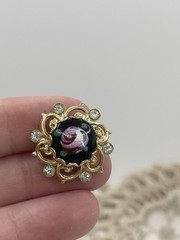 Small Painted Rose Cabochon and Rhinestone Brooch Lapel Pin