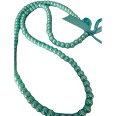 Vintage Faux Pearl Aqua Necklace Ribbon for Bow 30 in No Clasp