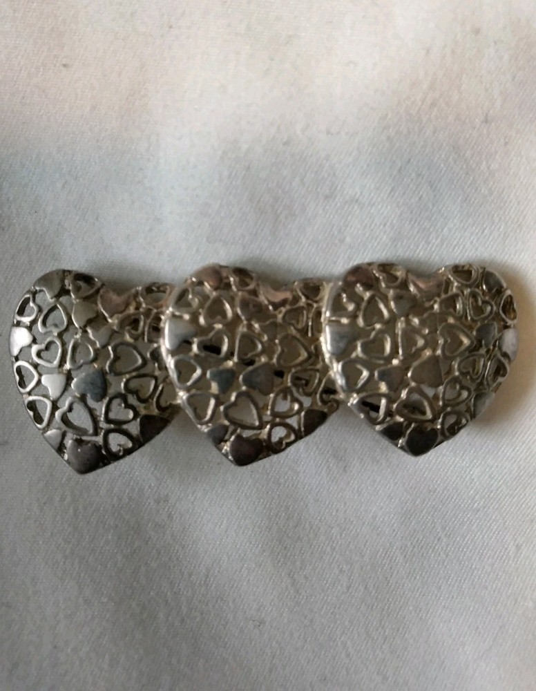 Vintage Silvertone Filagree Triple Heart Bar Pin 2″