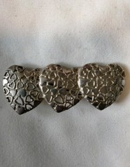 Vintage Silvertone Filagree Triple Heart Bar Pin 2″