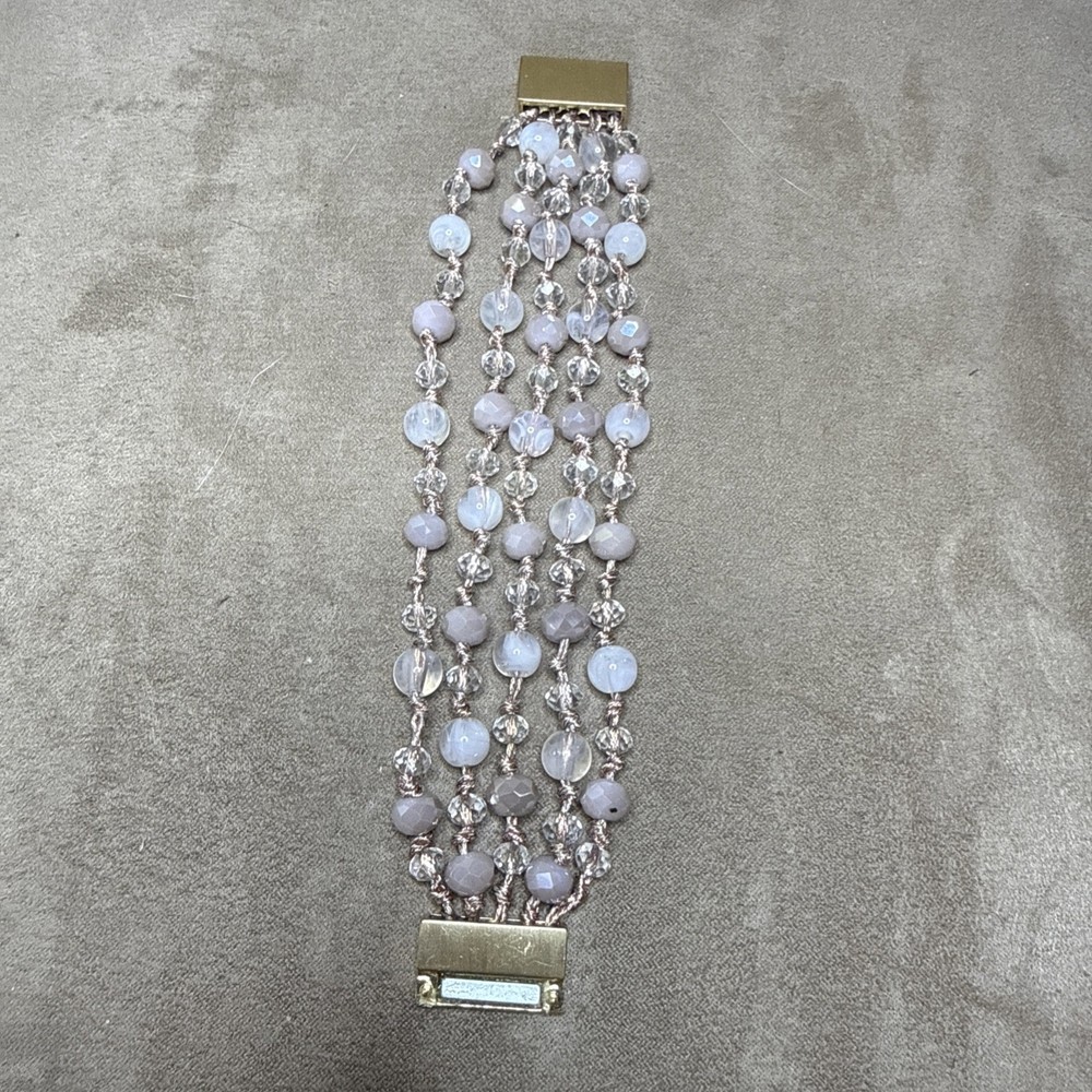 Vintage Pink beaded Rose Gold Magnetic Clasp Bracelet – 5 strands – 7.25″