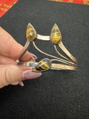 Taxco Vintage 925 Statement Hinged Bracelet Tigers Eye Lilly Rare Bangle Heavy