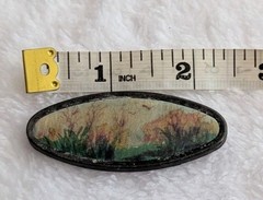 Vintage Framed Art Brooch Hand Painted On Silk Birds Flowers Landscape Design