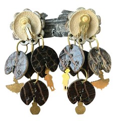Vintage 80’s Statement Earrings Leather Dangle Clip On Bold Colorful