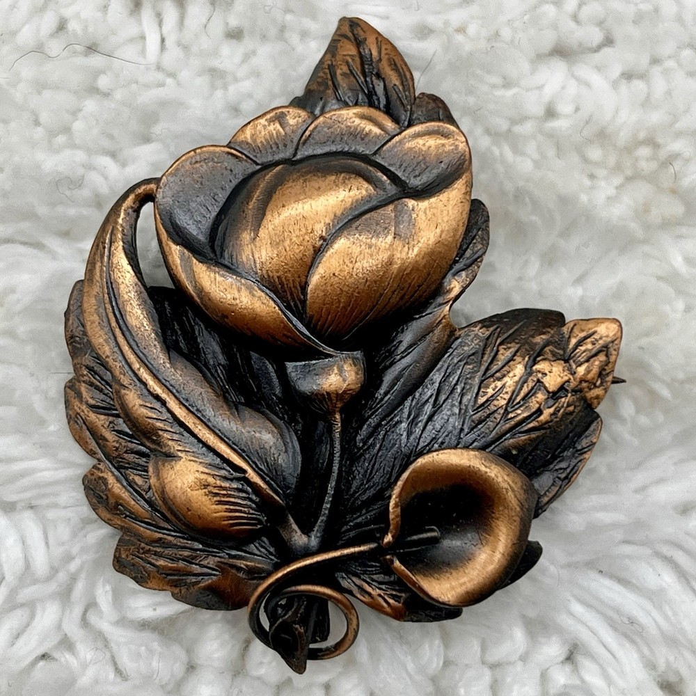Vintage Copper Flower Brooch Pendant Art Nouveau Style 1.75″