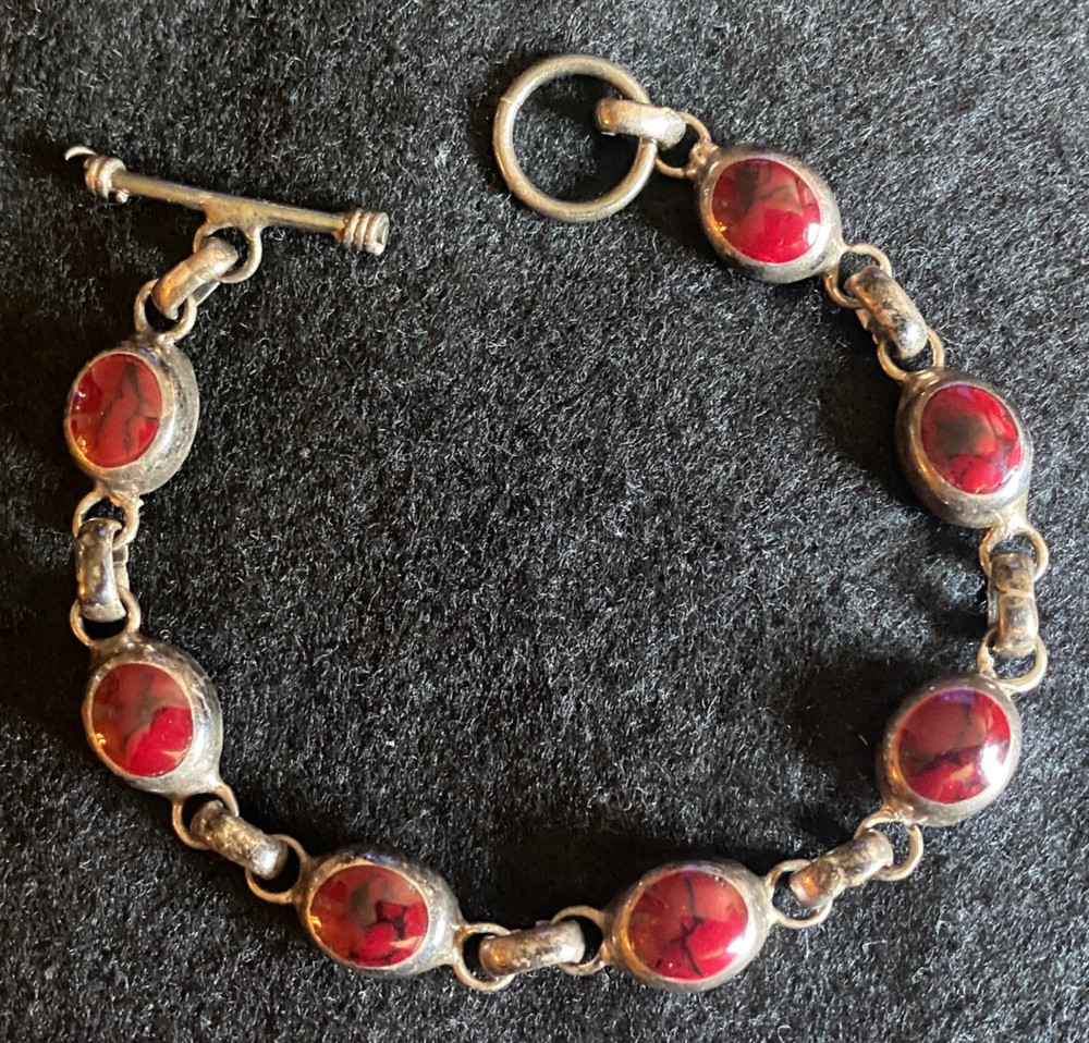 Vintage Sterling Silver Red Jasper Marble Link Bracelet Toggle Clasp 7 1/4″