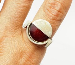 Vintage OOAK handmade modern circle metal and red resin ring size 8