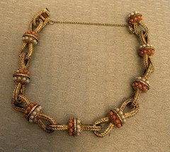 60s Vintage Bracelet Goldtone Faux Coral Seed Pearl Rope Open Knot Links 6.5″