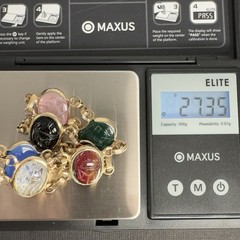 Vintage Double‑Strand Scarab Bracelet Gold Tone Carved Stones Safety Chain 7in