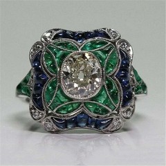 Art Deco Round Lab Created Diamond & Emerald Wedding 14Ct White Gold Finish Ring