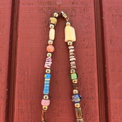 Vintage Boho Beaded Necklace Painted Glass Carved Wood Shell Metal Beads
