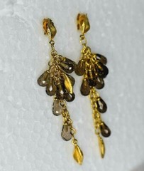 Vintage Italian Solid 14k Yellow Gold Smoky Quartz topaz Briolite Drop Earrings