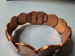 Vintage Mid Century Renoir Copper Disk Hinged Clamp Cuff Bracelet Signed
