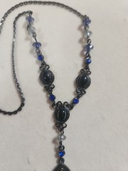 Vintage Avon SH Y Drop Necklace Y2K Gun Metal Blue Rhinestone