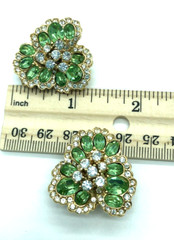 Ciner Green Crystal Leaves Clover Flower Gold Tone Clip Earrings Huge Runway
