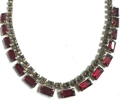 Vintage Rhinestone Necklace Red Baguette Clear AB Crystals Gold Tone 15” Choker