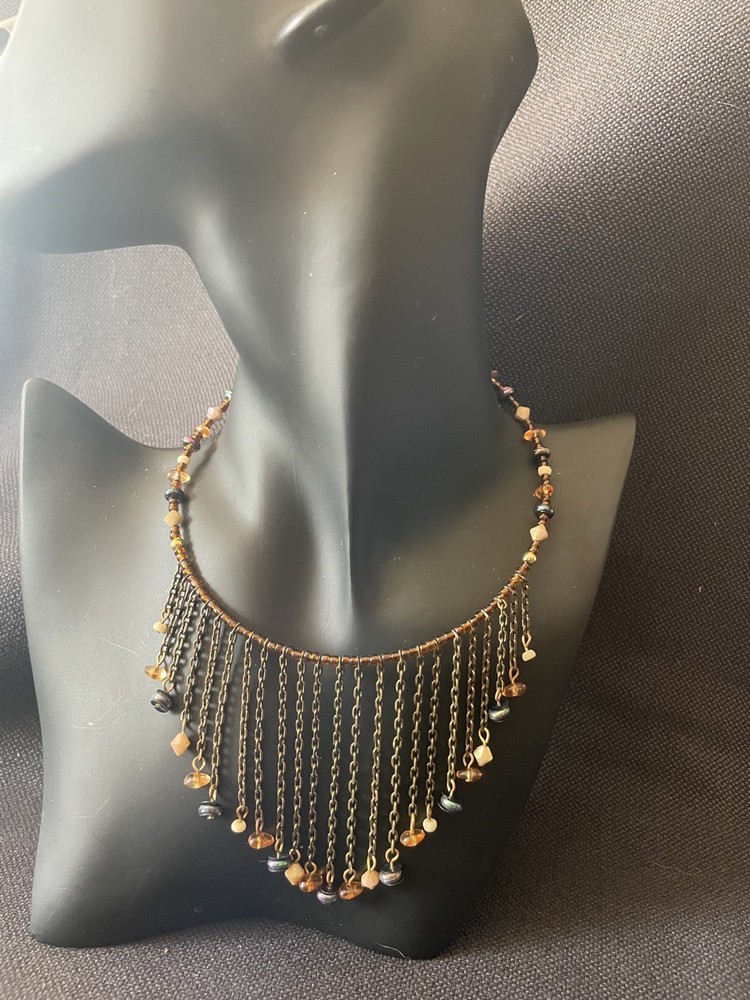 Bronze tone Fringe Chain Choker Collar Necklace multicolored beads f37