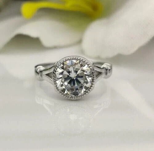 Art Deco Style Round Lab Created Diamond Engagement Bezel Ring 14K White Gold FN