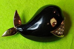 Jomaz Whale Brooch Black & Gold Enamel Pave’ Cut Rhinestones Open Mouth Vintage