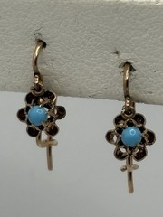 Antique 14k Yellow Gold & Turquoise Blue Buttercup Kidney Wire French Earrings
