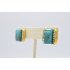 Vintage Earrings Clip On Faux Turquoise Crystal Rhinestone Gold NOS 1980s Bin8