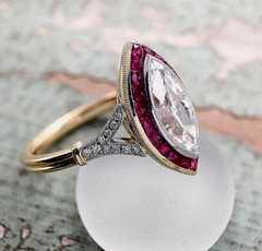 Art Deco Style Marquise Lab Created Diamond Ruby Wedding Ring 14K Yellow Gold FN