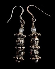 Vintage Silvertone Barrels With Detailed Carving Dangle French Wire Earrings