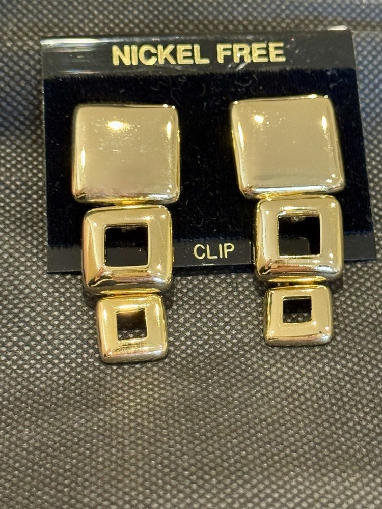 Vintage Gold Tone Earrings Geometric Square Dangle Drop Runway Statement 1980s