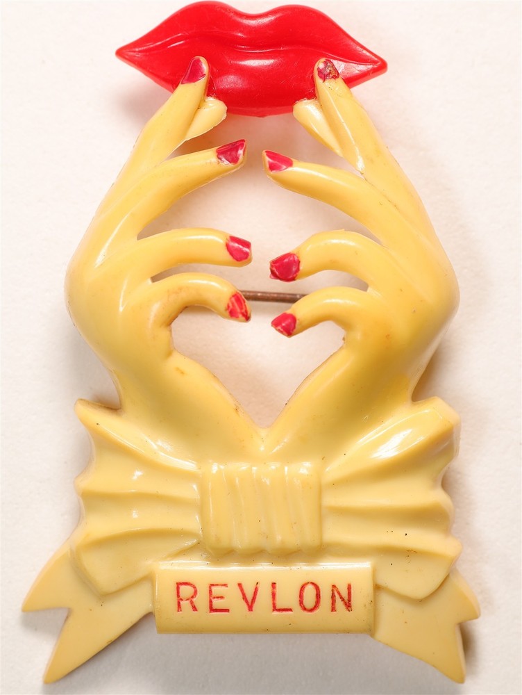 REVLON Celluloid Vintage Hand Brooch Pin Lips Heart Hands Bow Collectible