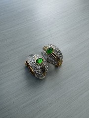 Vintage 80s 90s Gold-Tone Green and Rhinestone Hoop Clip Earrings