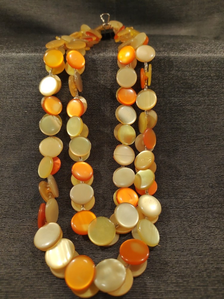 Groovy 52″ Yellow Orange Plastic Button Necklace Swinging 60-70s Possibly Lucite