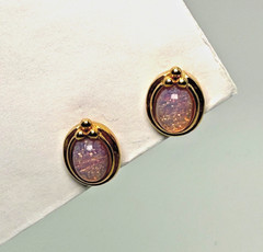 Vintage Opal Glass Cabochon Stud Earrings Gold Tone Oval Fire Glow