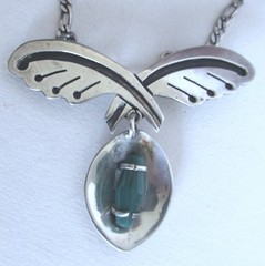 VINTAGE MEXICO STERLING NECKLACE PENDANT BROOCH w CHRYSOPRASE, 2 1/4 INCH PENDT