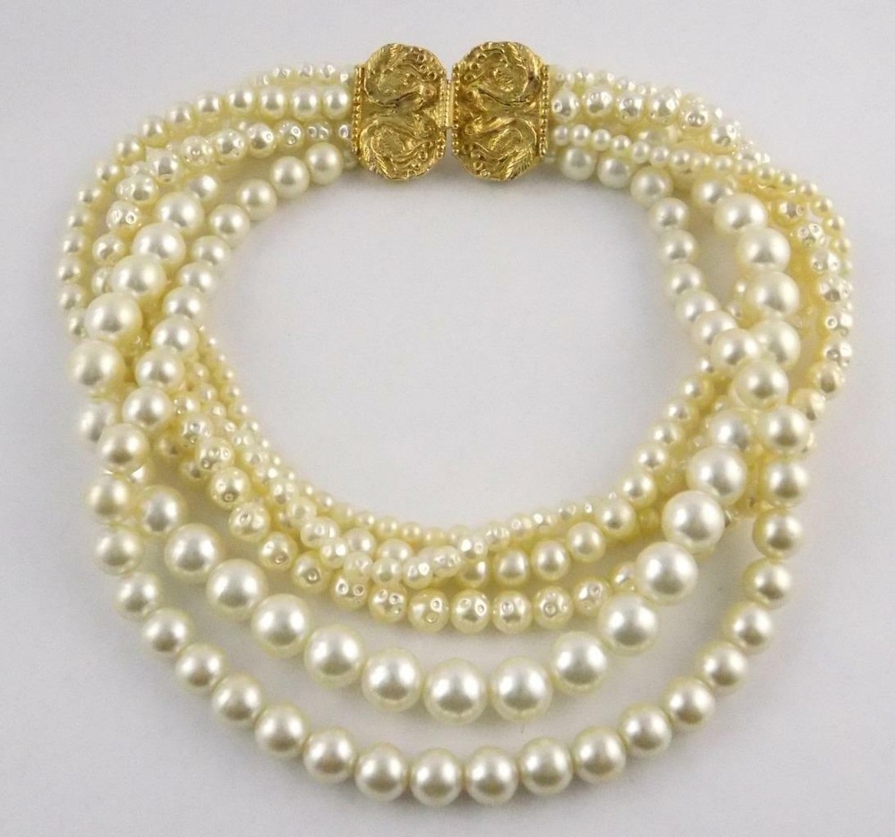 Vintage Unbranded Goldtone Clasp Six Strand Faux Pearl Statement Necklace