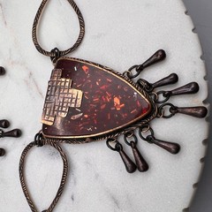 Copper Tone Statement Necklace Red Glass Cabochon Fringe Earrings Set Boho