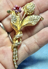 Vintage Pink & Clear Rhinestone Flower Stem Gold Toned Brooch/Pin, 3.” by 1.25″
