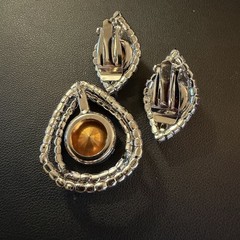 VTG Heliotrope Watermelon AB Rhinestone Pendant and Clip Earrings Set
