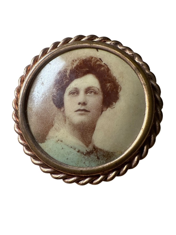 Antique Hand Colored Photo Portrait Brooch Edwardian Brass Pin c.1900–1920