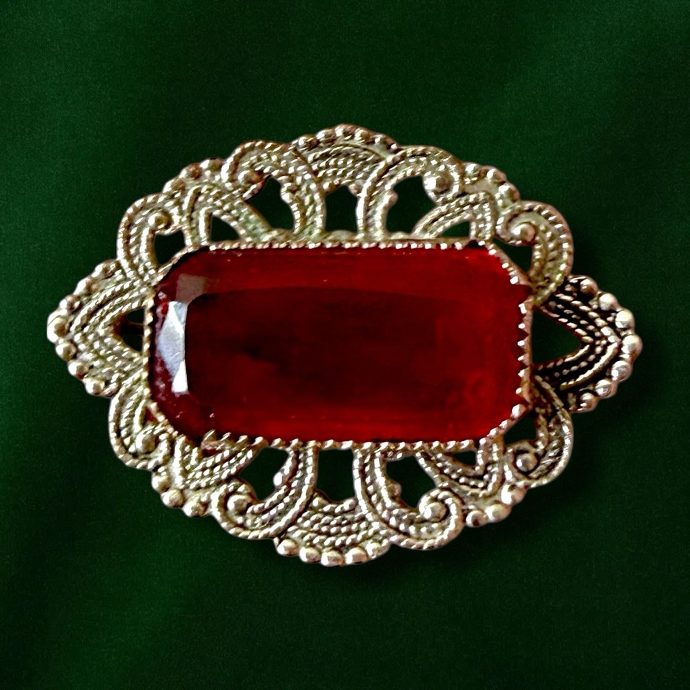 Antique Victorian Brooch Pin Red Glass Silver Tone C Clasp Filigree