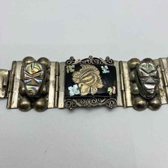 Vintage Mexican 925 Sterling Silver Abalone Aztec Mask Panel Bracelet 7.25″