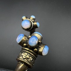 Vintage Brass Open Bangle Cuff Bracelet Blue Opalite Cabochons Boho Tribal