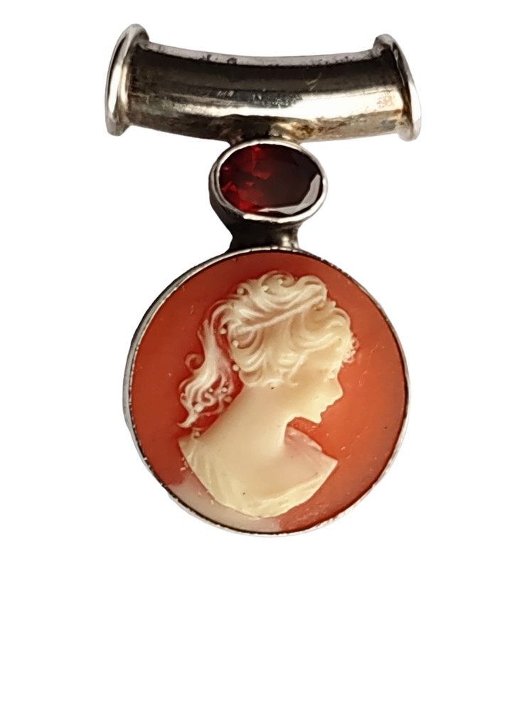 .925 Sterling Round Cameo Pendant with Garnet Accent- Free Shipping
