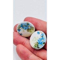 Vintage Hand Painted Porcelain Blue Floral Forget Me Not Stud Button Earrings 1″