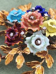 Vintage Italy 18K Gold Colorful Flower & Diamond Brooch KG Old Italian Jewelry