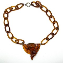 Vintage Art Deco Bakelite Amber-Colored Chain Necklace Bold Abstract Pendant