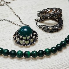 925 Sterling Malachite Necklace Green Pendant Ornate Hoop Earrings